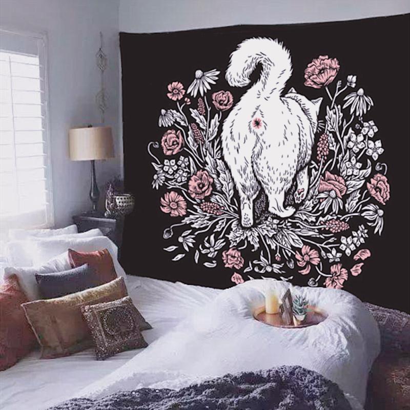 Black Tapestry Cat Flower Rose Tapestry Wall Hanging Cat Coven Wall Carpet