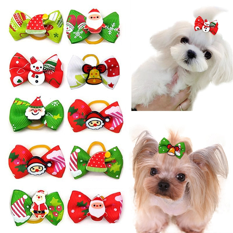 Christmas Dog Cat Hair Bow Clips with Elastic Rubber Bands Pet Dog Grooming Accessories